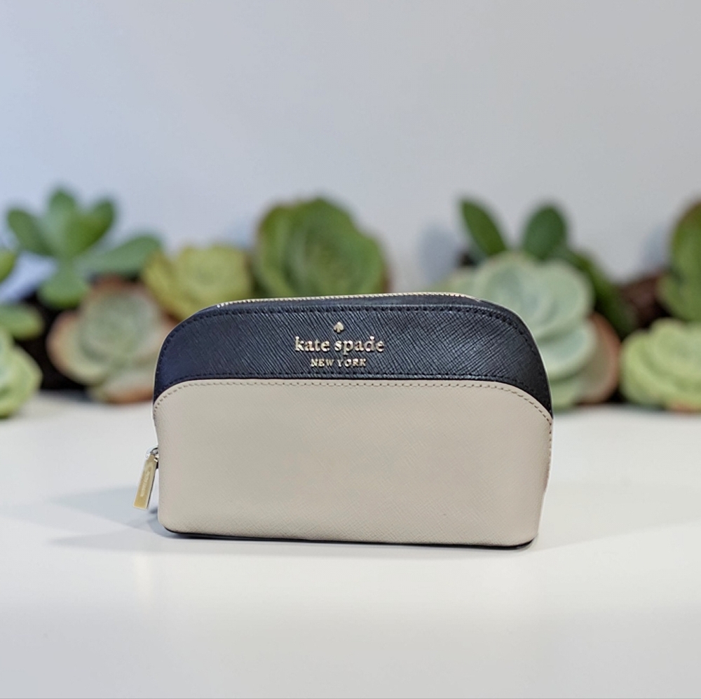 Kate Spade New York Staci Colorblock  Cosmetic Case Crosshatch Leather Blk Beige